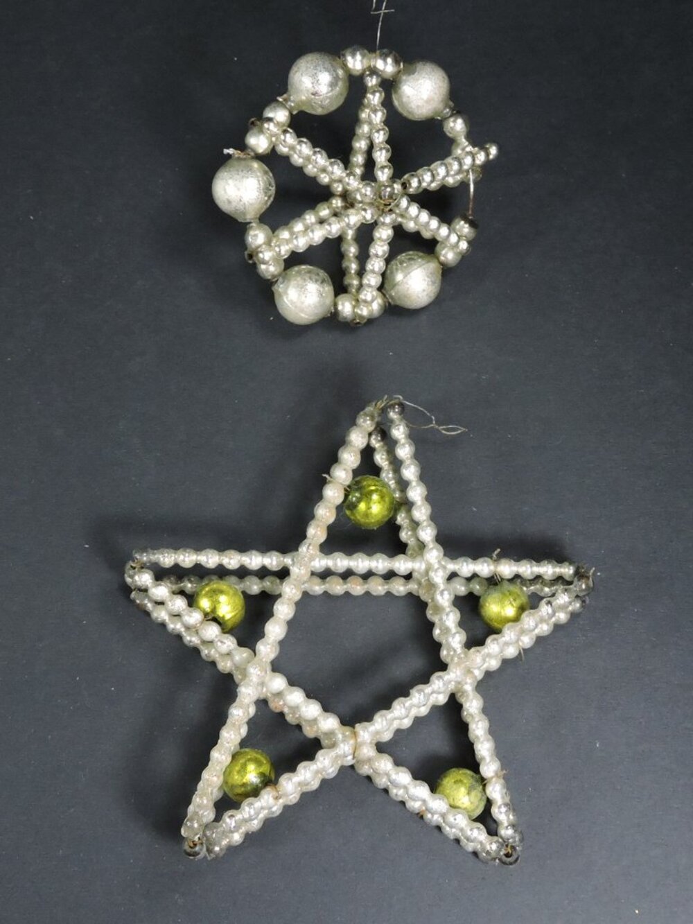 2 Antique Mercury Glass Beaded Christmas Ornaments - 1920's - 30's